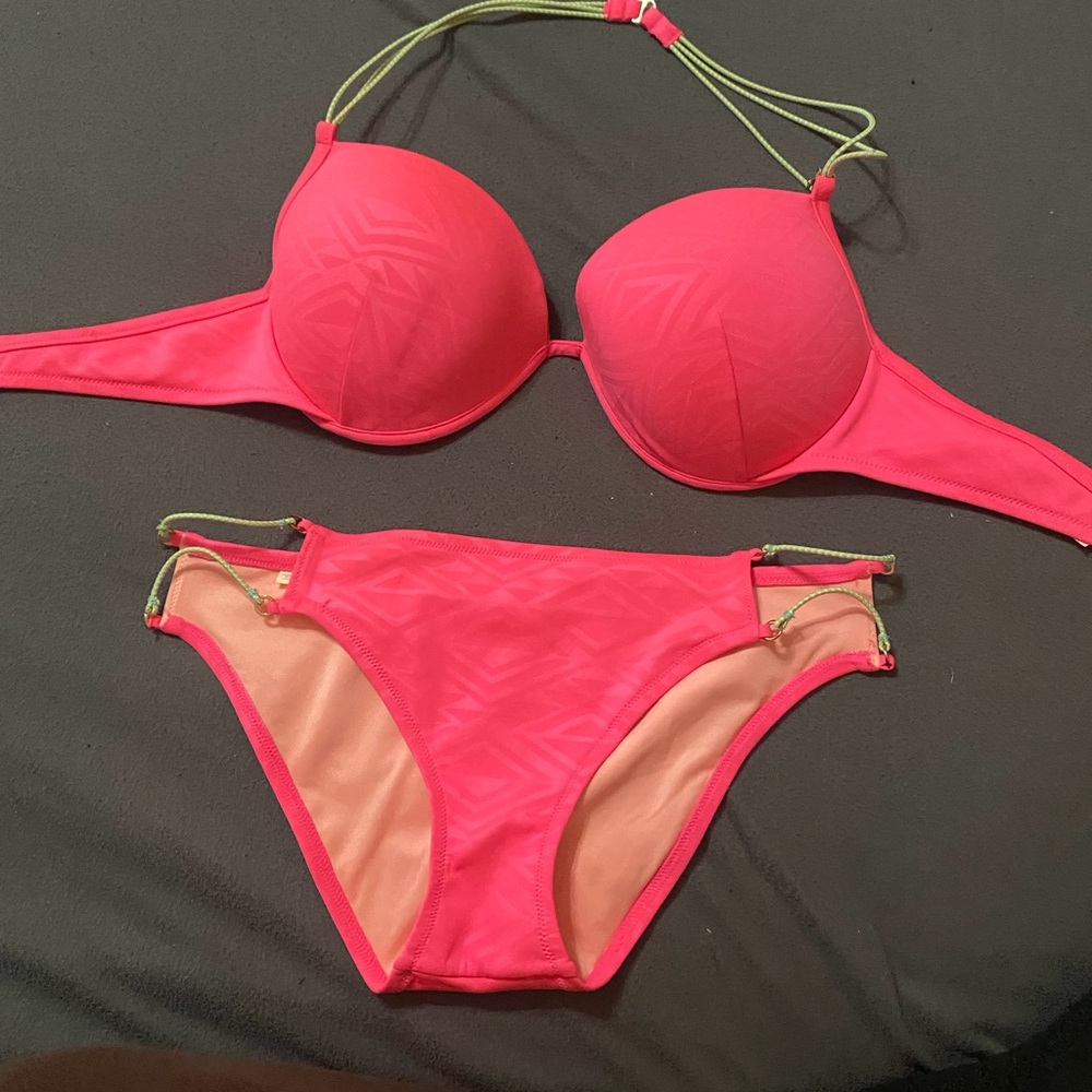 Victoria's Secret Bright Pink Bikini 36DD w/ Lime Straps. EUC.